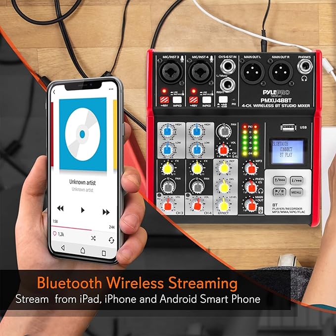 Pyle Studio Audio Sound Mixer Board - 4 Channel Bluetooth Compatible Professional Portable Digital DJ Mixing Console W/USB Mixer Audio Interface - Mixing Boards for Studio Recording