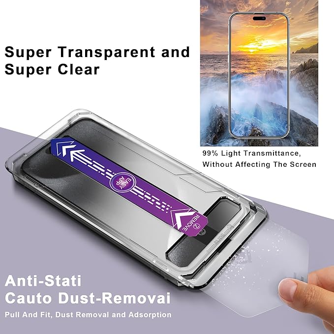 2 Pack Screen Protector for iPhone 14 Pro/iPhone 15 / iPhone 16, 9H Tempered Glass, Full Coverage, Anti-Fingerprint, Auto Dust-Elimination, No Bubble, Easy Installation