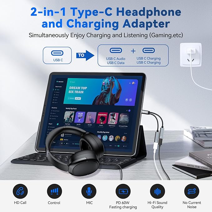 USB C Splitter,1 in 2 Out Dual USB C Type Headphone and Charger Audio Adapter,Hi-Fi Sound Quality Type C Headphone Adapter and Charging Dongle Cable Compatible with Phone 16/15 Pro Max(USB-USB,2Pack)