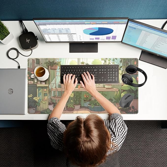 Cute Desk Mat Green Plants Gaming Mouse Pad XXL Large Extended Sage Laptop Keyboard and Mouse Mat with Stitched Edges, Computer Desktop Mat Playmat for Women Office Desk Decor Pad Mat 31.5x15.7 in