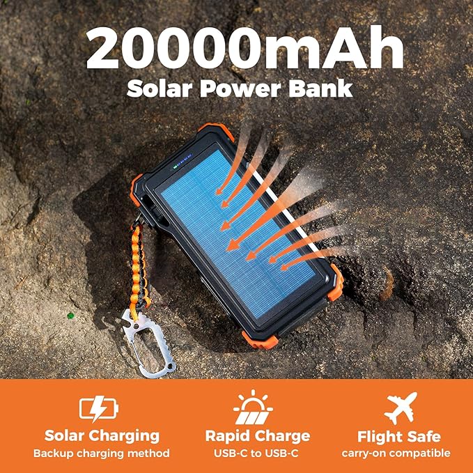 BLAVOR Solar Power Bank 20000mAh/74000mWh Built-in Cables, Wireless Charger for Apple Watch, 20W Fast Charging Battery Pack with USB C, Flashlight, Solar Charger for iPhone, iPad, iWatch, Samsung