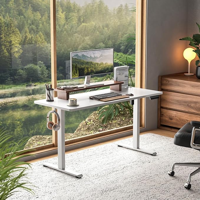Veken 55 Inch Large Electric Standing Desk,Sit to Stand Up, Heights Adjustable, Work Home Office Computer Table for Study, Walking Pad, Writing, and Games, Wooden Desktop Desks, White