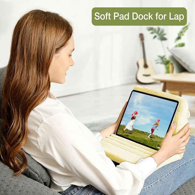 MOSISO Tablet Pillow Stand,Soft Tablet Holder for Lap,Tablet Soft Pad Dock with Pockets&Stylus Slot&4 Viewing Angles Compatible with iPad Pro 12.9,11,10.5,9.7,Air Mini 6,5,4,3, E-Reader, Pastel Yellow