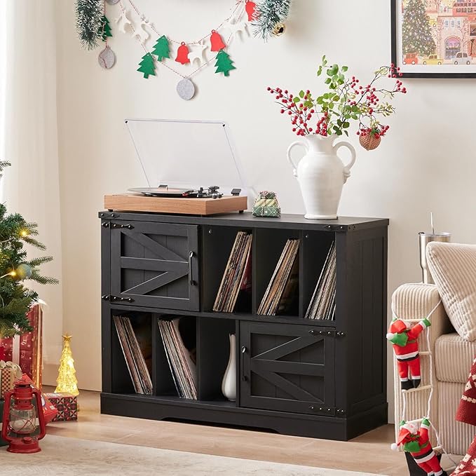 Large Record Player Stand with Vinyl Storage Up to 450 Albums, 39 Inch Farmhouse Wood Black Vinyl Records Storage Cabinet with Barn Doors, Mid-Century Modern Turntable Stand for Living Room