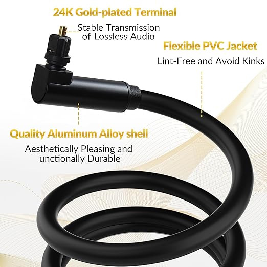 Elecan Optical Audio Cable 4 Ft/2 Pack 90 Degree Angled to Angled Digital Audio Toslink Cable Cord-Fiber Optic-Gold Plated-Flexiable&Durable-for Home Theater,Sound Bar,PS4&Xbox with Adapters+Ties