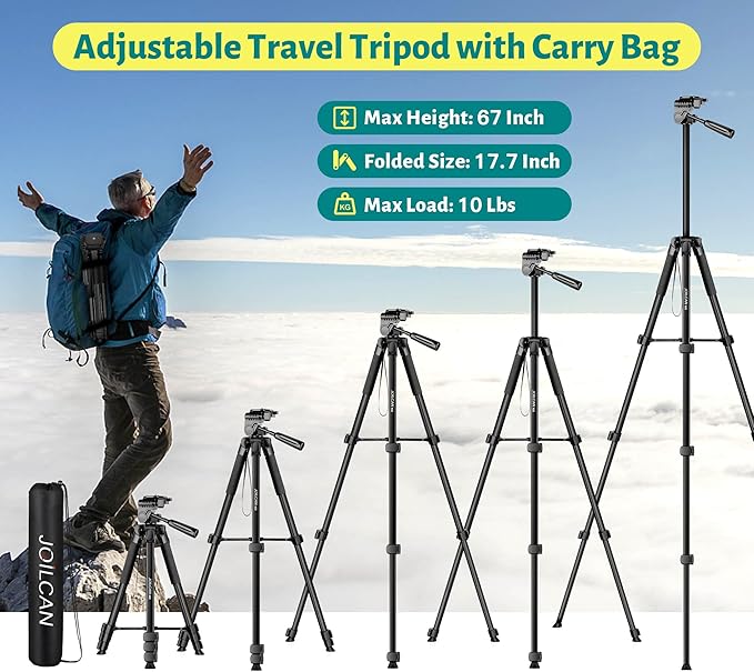 JOILCAN Phone Tripod, 67" Camera Tripod Stand for iPhone iPad, Professional Aluminum Travel Tripods with Wireless Remote and Carry Bag for Cellphone Photo Video Recording Vlog