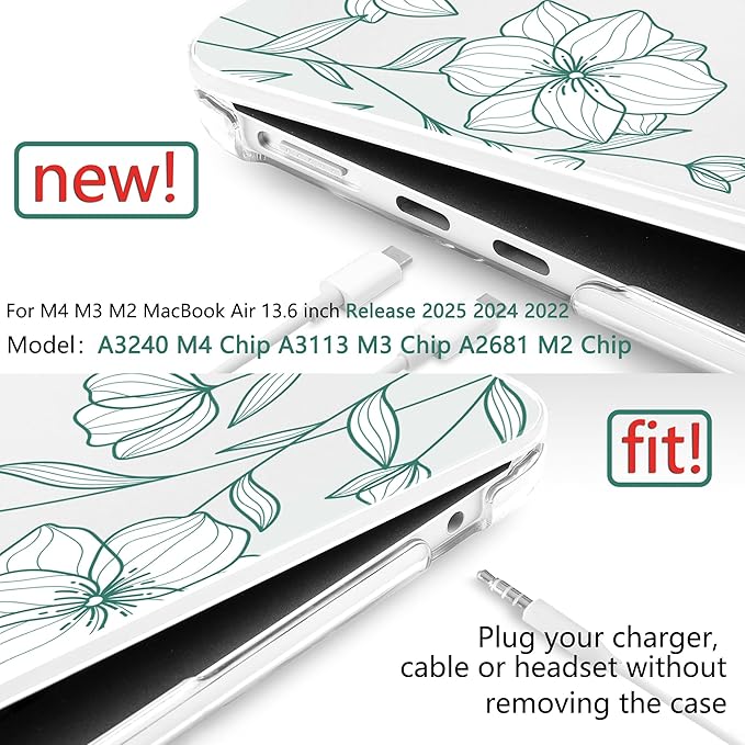 TWOLSKOO Compatible with M4 MacBook Air 13.6 inch Case 2025-2022 Release M4 A3240 M3 A3113 M2 A2681, Plastic Hard Shell & Keyboard Cover & Type C Adapter & Screen Protector, Botanical Line Art