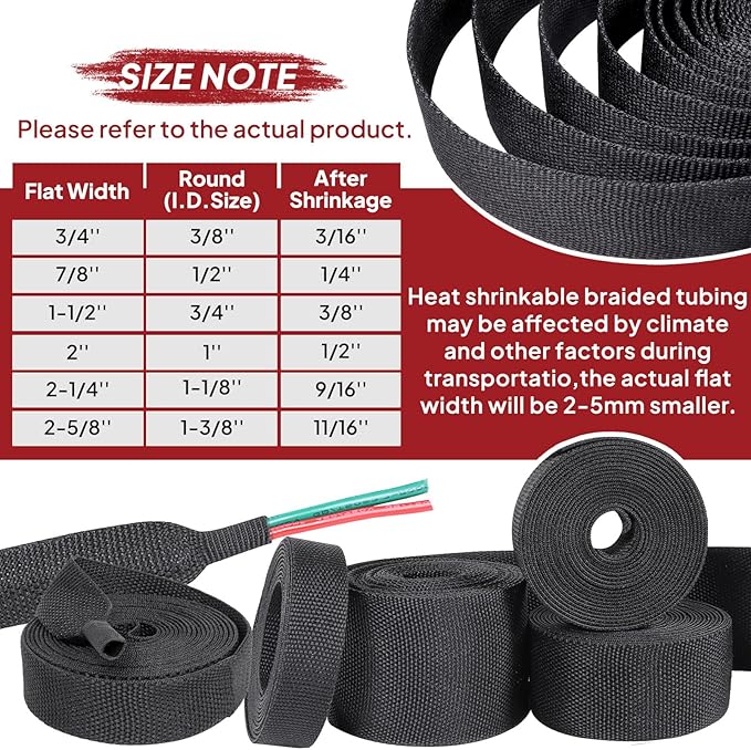 Heat Shrinkable Braided Sleeving 2:1 Ratio- Abrasion Protection Flexibility Wiring Harness Cable Sheath (1" ID, 16ft)