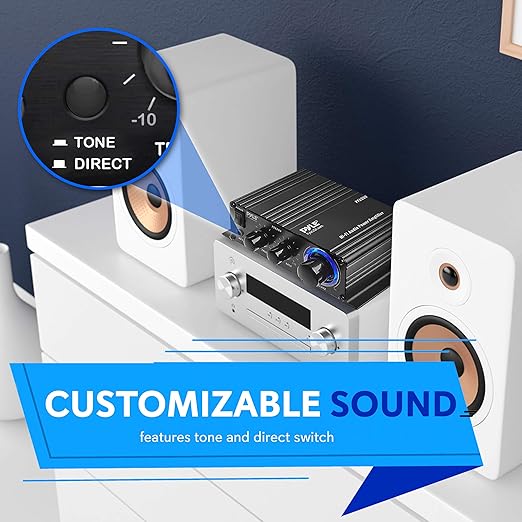 Pyle Home Mini Audio Amplifier - 60W Portable Dual Channel Surround Sound HiFi Stereo Receiver w/ 12V AC Adapter, AUX, MIC IN, Supports Smart Phone, iPhone, iPod, MP3 For 2-8ohm Speakers - Pyle PFA200