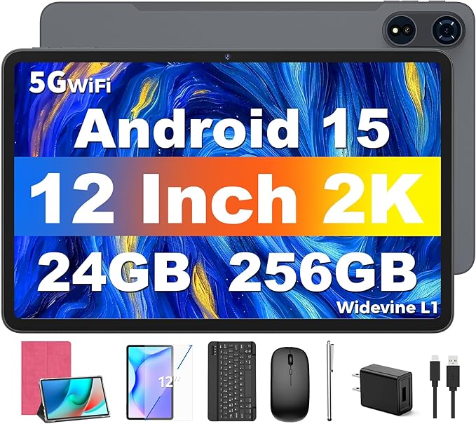 Tablet 12 inch Android 15 Tablets, 24GB（8+16）RAM+256 Storage(Expand to 1TB), Android Tablet with Keyboard, Octa-Core, 2K 2000x1200 Display, 16MP Dual Camera, 8000mAh, 5G WiFi,GPS,Bluetooth 5.0（Pink）