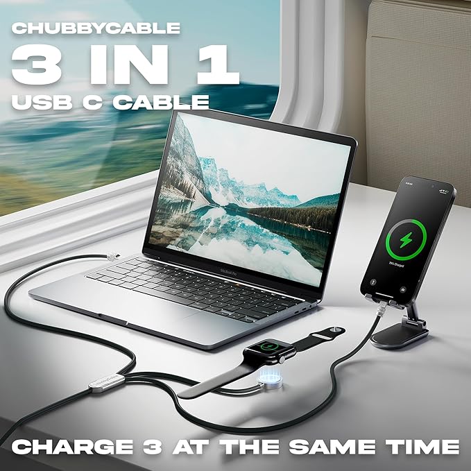 chubbycable Tri-Flex 3 in 1 USB C Cable for Apple Watch Charger Silicone 100W Multi Charging Cable Fast Charge Compatible with iPhone 16/15 Series iWatch iPad Airpods MacBook, 4.1FT, Dark Blue