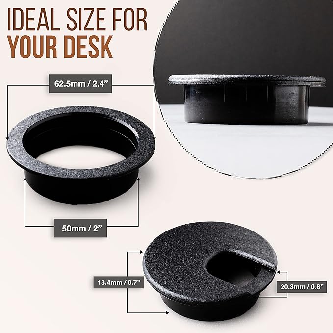 MAHDPRO Desk Grommet 2 Inch (50 mm) Pack of 5-Black ABS Plastic Cable Hole Cover to Arrange Wires & Cords Through Computer Table/Countertops
