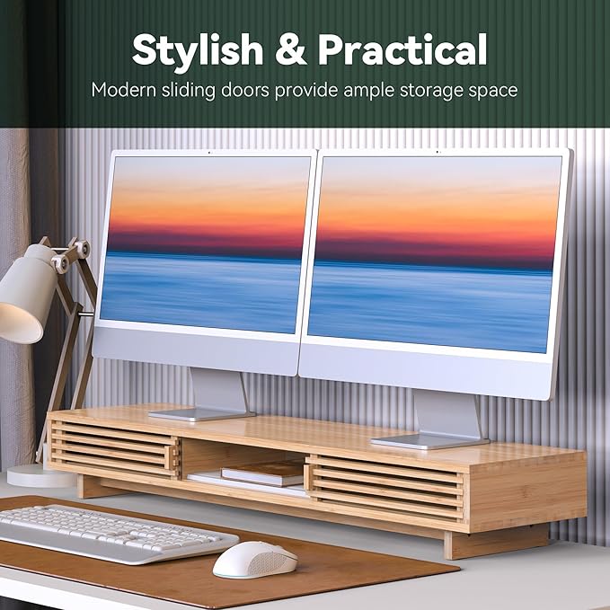 Dual Monitor Stand Riser with Sliding Door, Double Computer Laptop Stand Desk Shelf Organizer with Storage (Natural Bamboo, 38 Inch)