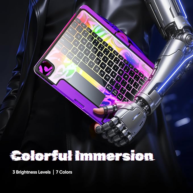 KITONE Transparent Case with Wireless Keyboard for iPad 10.2-in (7th, 8th, and 9th Gen), 7 Colors Backlight, Trackpad, 360°Rotating Stand, Tech Style
