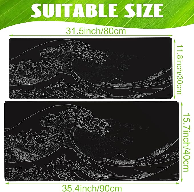 Desk Mat,Black Japanese Sea Wave Desk Pad,Japanese Sea Wave Large Gaming Mouse Pad for Desk,Extended Big Computer Keyboard Mouse Pad with Non-Slip Base and Stitched Edge,31.5"x11.8"