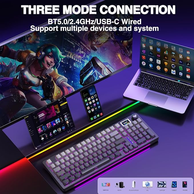 AULA S98 Pro Wireless Mechanical Keyboard with Screen & Knob,2.4GHz/USB-C/BT5.0 Hot Swappable Creamy Keyboard,Pre-lubed Linear Switches,Side Printed PBT Keycaps,RGB Backlit Gaming Keyboards
