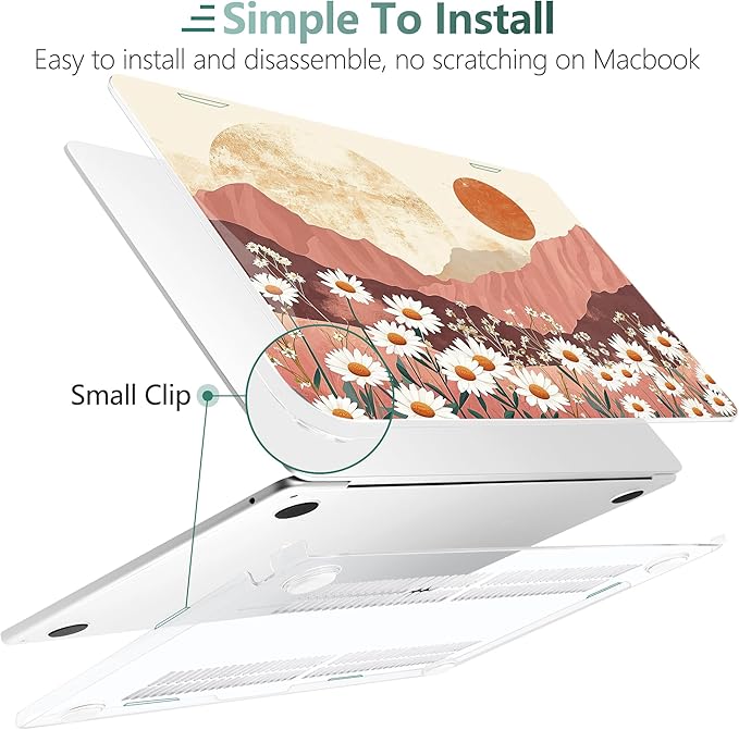 TWOLSKOO Compatible with M4 MacBook Air 13.6 inch Case 2025-2022 Release M4 A3240 M3 A3113 M2 A2681, Plastic Hard Shell & Keyboard Cover & Type C Adapter & Screen Protector, Mountains & Daisies
