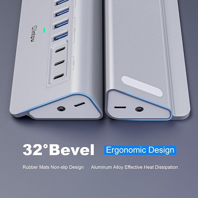 Powered USB Hub 10Gbps, intpw 9-Port USB 3.2 Hub, USB C Hub with USB A/USB C 3.2, 4 USB 3.0, 2 PD 45W Charging Ports, 65W Power Adapter and 3.3FT Cable, Aluminum USB Hub for Laptop, iPhone 16/15, PC