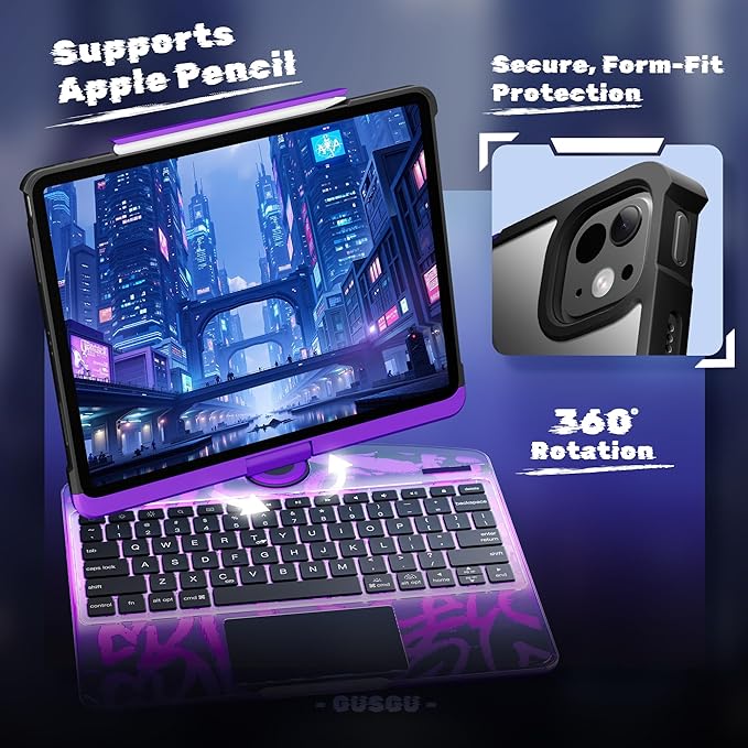 KITONE Transparent Case with Wireless Keyboard for iPad Air 13-in.(M3/M2, 2025/2024), 7 Colors Backlight, Trackpad, 360°Rotating Stand for iPad Pro 12.9-in (6/5/4/3 Gen), Tech Style