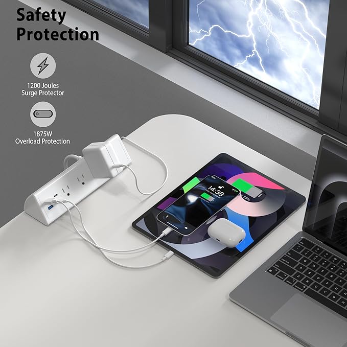 Jgstkcity Desk Clamp Power Strip,20W Fast Charging Station,Surge Protector Nightstand Edge Mount,1875W Extension Cord with Multiple Outlets,2 USB-C,2 USB-A,for Home Office (White, 6 FT)