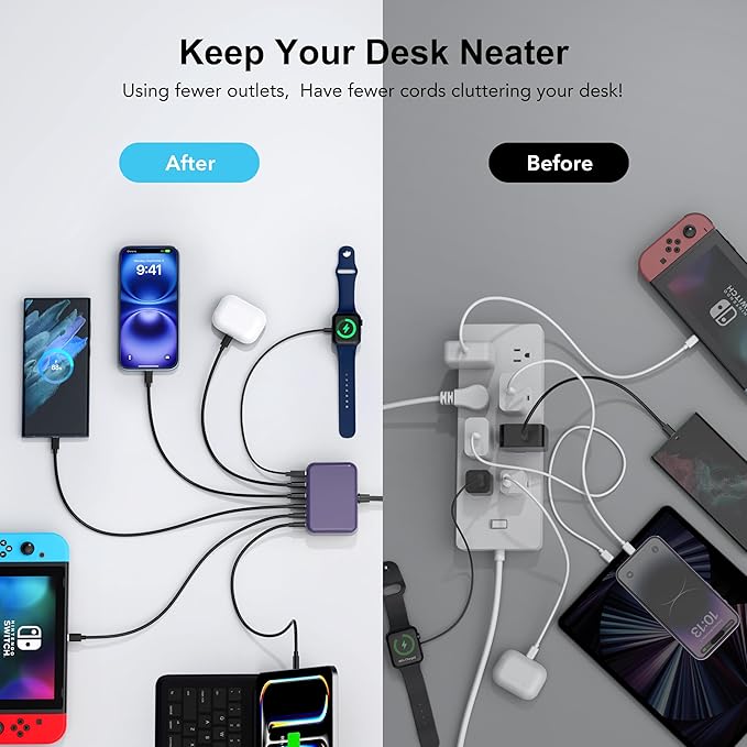 USB C Fast Charger 100W GaN 6 Port Type USB C Charging Station Hub Block Wall Charger Power Strip Adapter Plug Cube Brick 3 USB A for iPad iPhone 15 14 13 12 11 Pro Max Pixel Note Galaxy