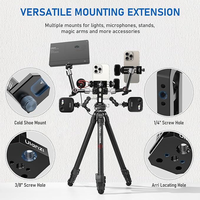Ulanzi MA53 Metal Tripod Phone Mount, Smartphone Tripods Adapter with Arca Swiss/Uka Port, 2 Cold Shoe, 360° Cellphone Tripod Mount, iPhone Samsung Holder for Photo Video Vlogging Rig