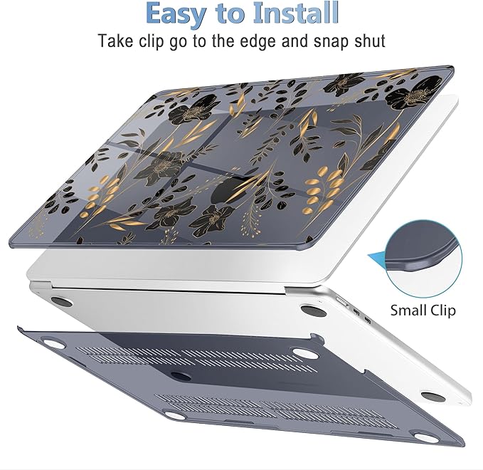 Mektron Compatible with M4 MacBook Air 15 inch Case 2025 A3241 2024 2023 M3 A3114 A2941 M2 Liquid Retina Display Touch ID, Plastic Hard Case & Keyboard Skin & Screen Protector - Gold Floral