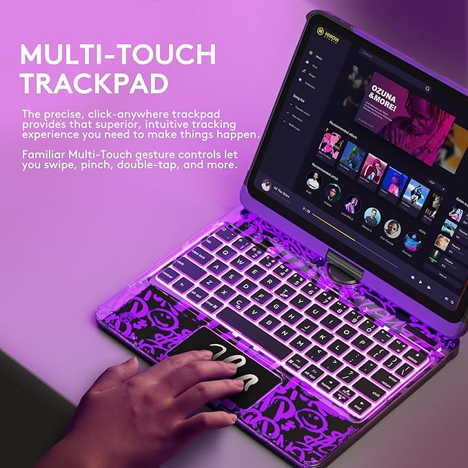 GUSGU Transparent Case with Wireless Keyboard only for 2024 iPad Pro 11-in.(M4), 7 Colors Backlight, Trackpad, 360°Rotating Stand for iPad Pro 11(5th Gen), Tech Style