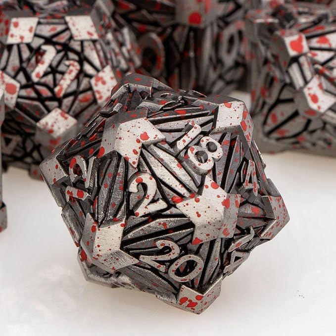 7PCS Metal DND Dice Set with Box, Debris RPG Blood Spatter D and D Dice for use with D&D Tabletop Games Role Playing Game Polyhedral Dice Set D20 D12 D10 D8 D6 D4