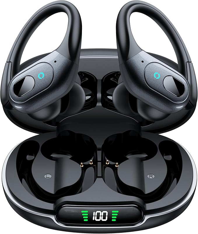 occiam Active Noise Cancelling Ear Buds Bluetooth Headphones Wireless Earbuds 90Hrs Playback Stereo Bass Earphones with Over-Ear Hooks IPX7 Waterproof Earbud for Sports Running Gym Workout Black