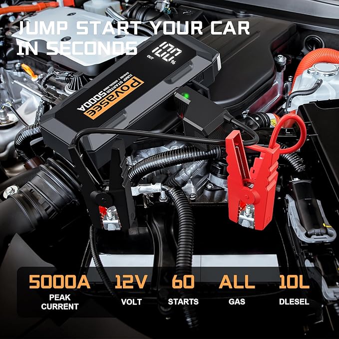 Povasee Car Battery Jump Starter 5000A Jump Box (All Gas/10L Diesel) Portable Car Jump Starter Battery Pack, 12V Jumper Starter Portable 3" LCD Display/Power Bank/Dual Output/LED Light DC