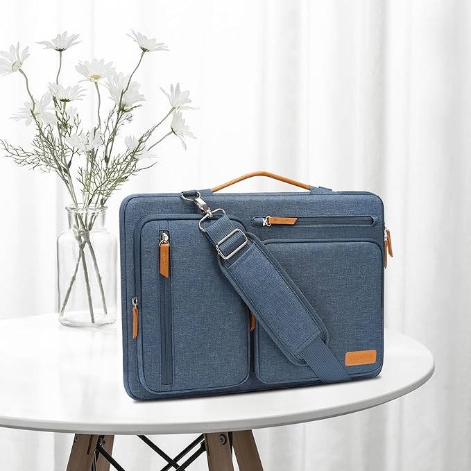 MOSISO 360 Protective Laptop Shoulder Bag,15 inch Computer Bag Compatible with MacBook Air M4 M3 M2/Pro A1990 A1707, Dell XPS Plus,Side Open Messenger Bag with 4 Zipper Pockets&Handle, Haze Blue