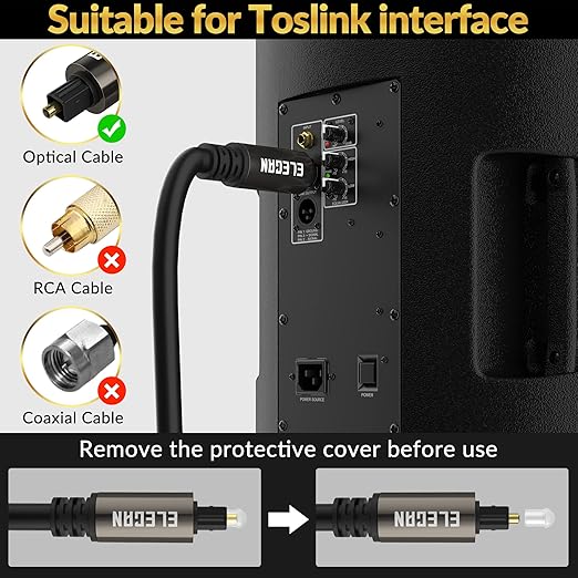 Elecan Optical Audio Cable 20 Ft Digital Audio Toslink Cable Cord-Fiber Optic-Gold Plated-Flexiable&Durable-for Home Theater,Sound Bar,PS4&Xbox-with 4 Right Angled and Mini Toslink Adapters+Ties