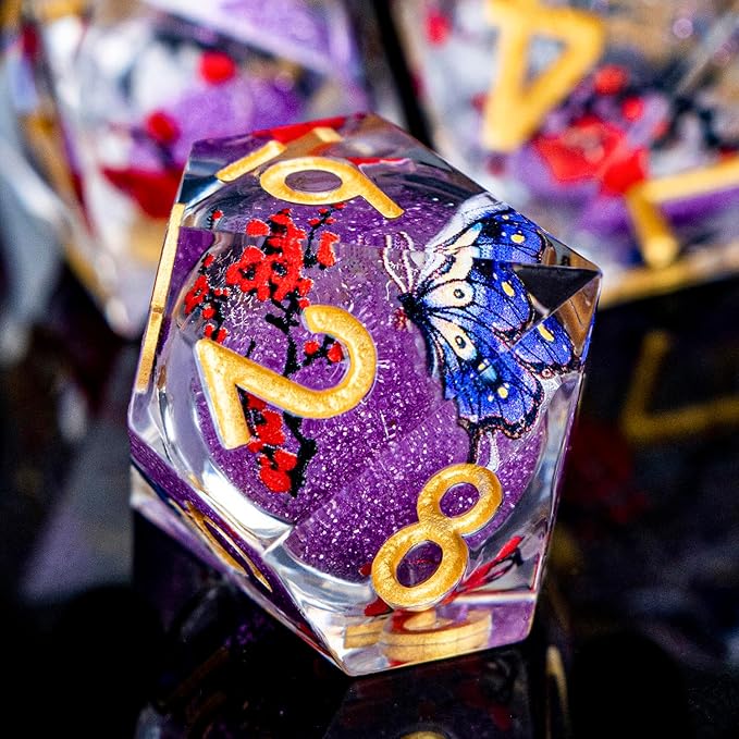 Butterfly DND Dice Purple Liquid Core Dice Set with Metal Box, Handmade Sharp Edge D and D Polyhedral Dice for use with D&D Role Playing Game, D20 D12 D10 D8 D6