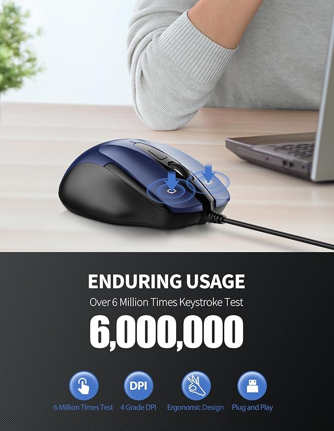 TECKNET USB Wired Mouse, 6-Button Corded Mouse with 4 Adjustable DPI, Optical Computer Mouse with Ergonomic Design and 5FT Cord for Laptop, Chromebook, PC, Desktop, Mac, Notebook-Blue