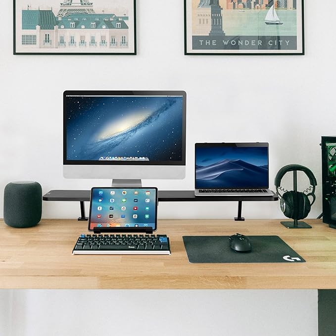 AVLT Clamp Desk Shelf Dual 32" Monitor Riser With Slide-out Holder for Convertible Laptop, Tablet, Smartphone (Black) - Floating Stand (Clamp-On Shelf Only)