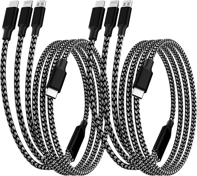USB C Multi Charging Cable [2Pack 4FT], 3 in 1 Charging Cable Nylon Braided USB-C Multiple Charger Cord with Type-C, Micro USB and IP Port for iPhone 16/15 Series/Cell Phones and More