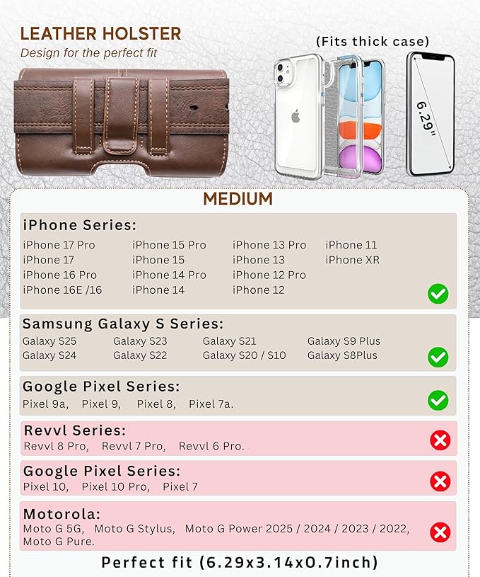 Leather Phone Holster for Men, Horizontal Cell Phone Case, Fits iPhone 17/17 Pro 16/16 Pro 16e 15/15 Pro 14/14 Pro 13/13 Pro 12/12 Pro 11 XR, Belt Clip Phone Pouch Holder, Brown Medium.
