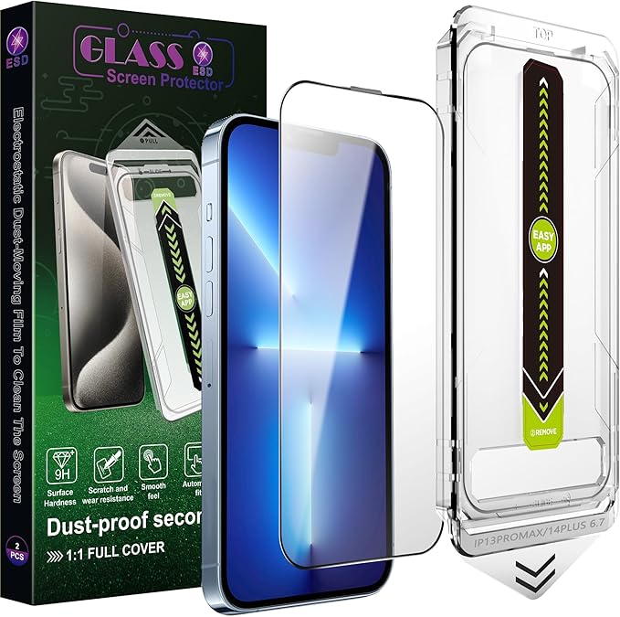 [2-Pack Ultra HD Clear Screen Protector for iPhone 13 Pro Max/14 Plus (6.7-Inch),9H Tempered Glass,Full Coverage,Anti-Fingerprint,Auto Dust Removal,Bubble-Free,Easy Installation