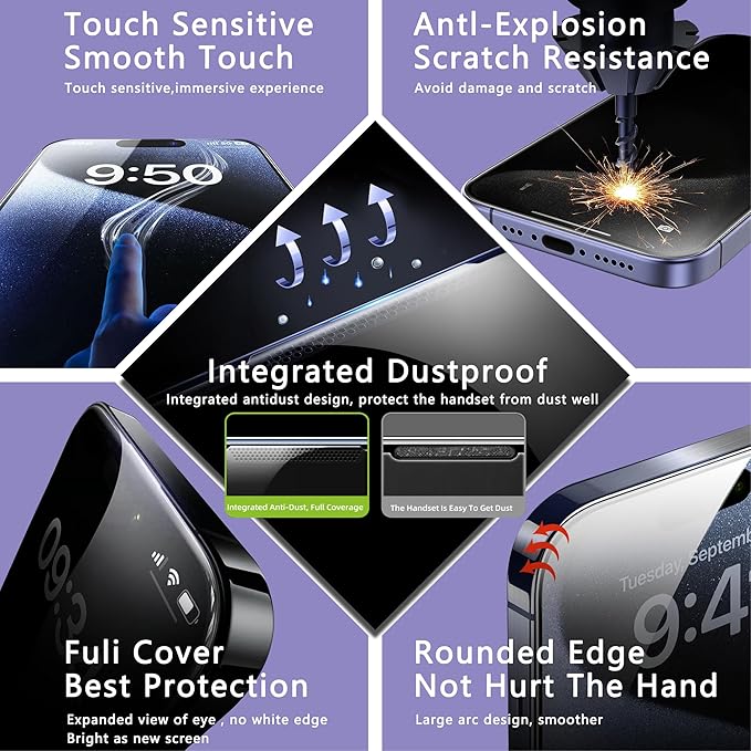 2 Pack Matte Screen Protector for iPhone 16 Pro Max, 9H Tempered Glass, Full Coverage, Anti-Fingerprint, Auto Dust-Elimination, No Bubble, Easy Installation