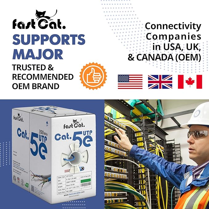 fast Cat. Cat5e Ethernet Cable 1000ft - 24 AWG, CMR, Insulated Bare Copper Wire Cat 5 ethernet Cable with FastReel - 350MHZ / Gigabit Speed UTP Cable Cat5e - CMR (Blue)