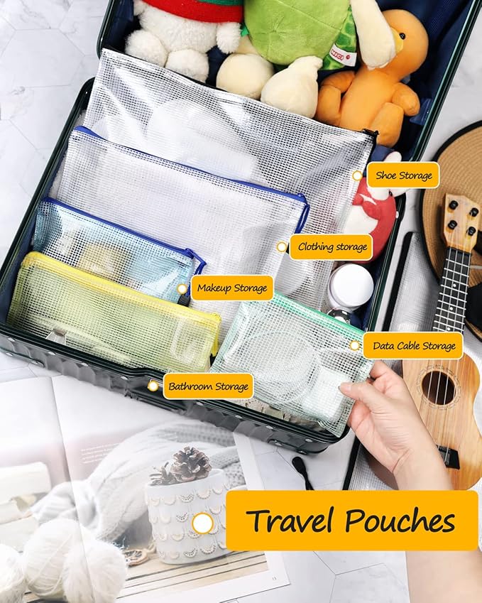 SUNEE Mesh Zipper Pouch 4.6x9.2in (10 Colors, 30 Packs), Mesh Bags with Zipper for School Office Supplies, Travel Accessories, Waterproof Zipper Pouches for Organizing