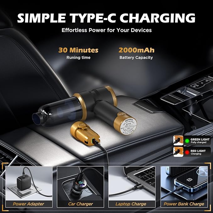 Handheld Car Vacuum with 15000PA Power, 4 in 1 Small Powerful Cordless Vacuum Cleaner & Air Duster with 2000mAh Battery, Rechargeable Portable Mini Hand Held Vacuum for Car, Home,Office,Pet Hair（Gold）
