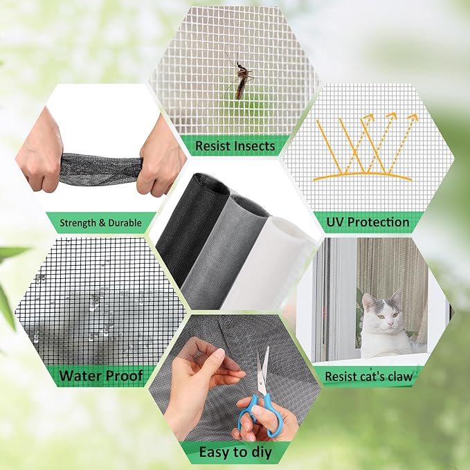 Windows Screen Replacement and Screen Door Repair Kit, 6Pcs Window Screen Fiberglass Mesh Kit - Window Screen & Screen Door Mesh & Screen Porch Repair Kit (White, 59" x 106")