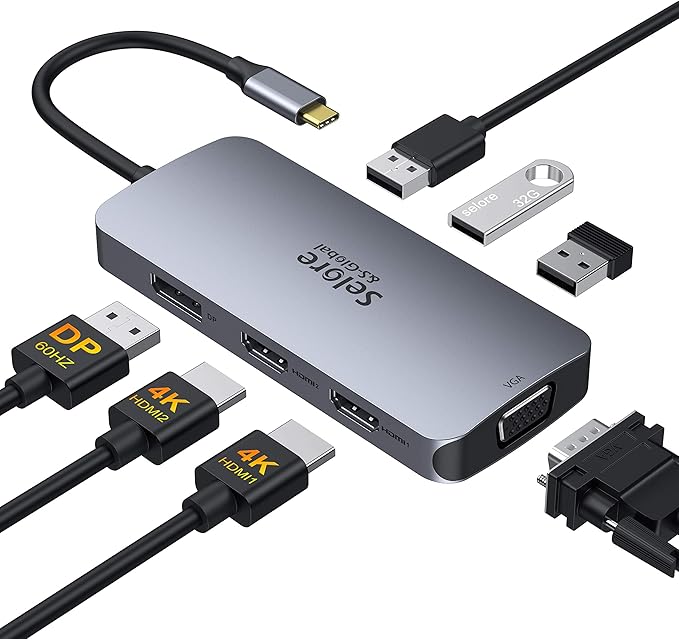 USB C to Dual HDMI Adapter,7 in 1 USB C Docking Station to Dual HDMI Displayport VGA,USB to 3USB 2.0, Multi Monitor Adapter for Dell XPS 13 15,Lenovo Yoga,Huawei Matebook X pro,etc