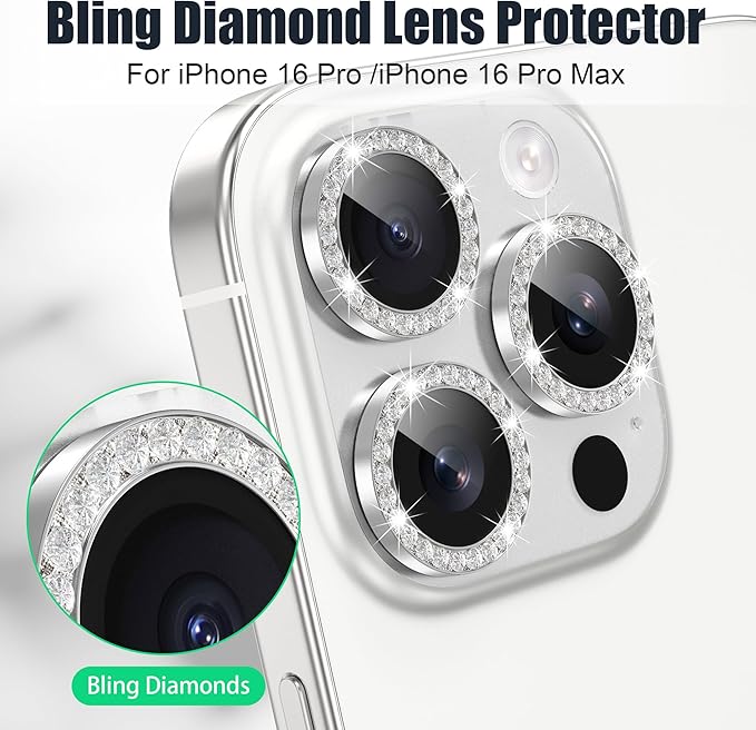 AGVEE 3+3 6 Pack for iPhone 16 Pro 6.3" / 16 Pro Max 6.9" Camera Lens Cover Protector, Bling Diamond & Bling Glitter Metal Ring 9H Tempered HD Glass Camera Cover Protector Film, Bling-Silver