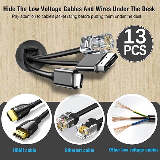 3/4" Black Desk Grommet, JTemgle Flexible Cable Grommet with Bi-Metal Hole Saw Cross Rubber Cable Hole Cover Wire Organizer Caps Desktop Cord Management for Home Office TV Stands Tabletops, 13 Pieces