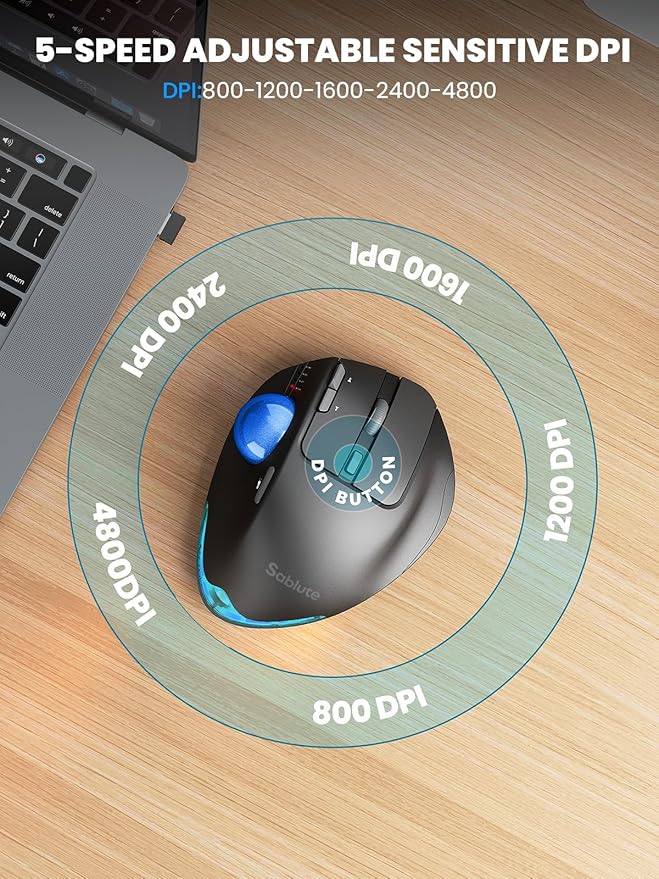 Wireless Trackball Mouse, Ergonomic Bluetooth Rechargeable Computer Mouse, Backlit Rollerball Thumb Laptop mice with 5 Level DPI, Adjustable Angle, 3 Devices Connection for PC, Windows - Blue Ball