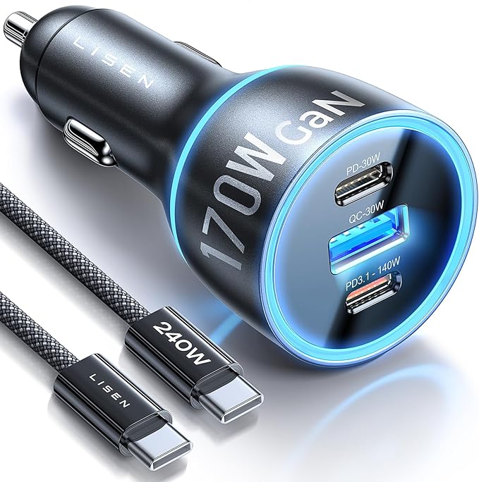 LISEN 170W Car Charger USB C Fast Charging for iPhone 16 Pro Max GaN PD3.1 140W+PD30W Cigarette Lighter Adapter Super Fast Car Charger Type C for Laptop Samsung Galaxy S25 Ultra MacBook Pro iPad Drone
