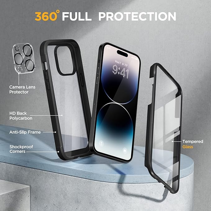 Miracase Glass Series Designed for iPhone 14 Pro Max Case 6.7 Inch, Upgrade Full-Body Bumper Case with Built-in 9H Tempered Glass Screen Protector with Camera Lens Protector, Black
